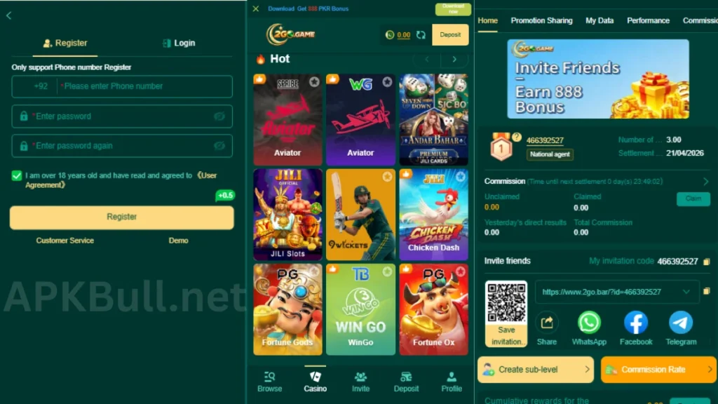 2GO Game APK Login Page And Game Main Page All Game Page And Withdraw Section There