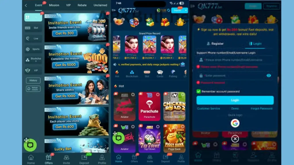 QK777 Game APK Main Page and mission bonus and Login there