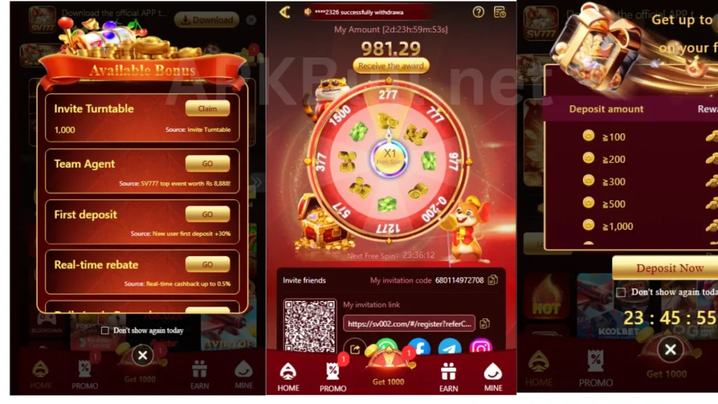 SV777 Game APK First Deposit bonus and lucky wheel also Rewards daily check in bonus also agent monthly and weekly salary also give