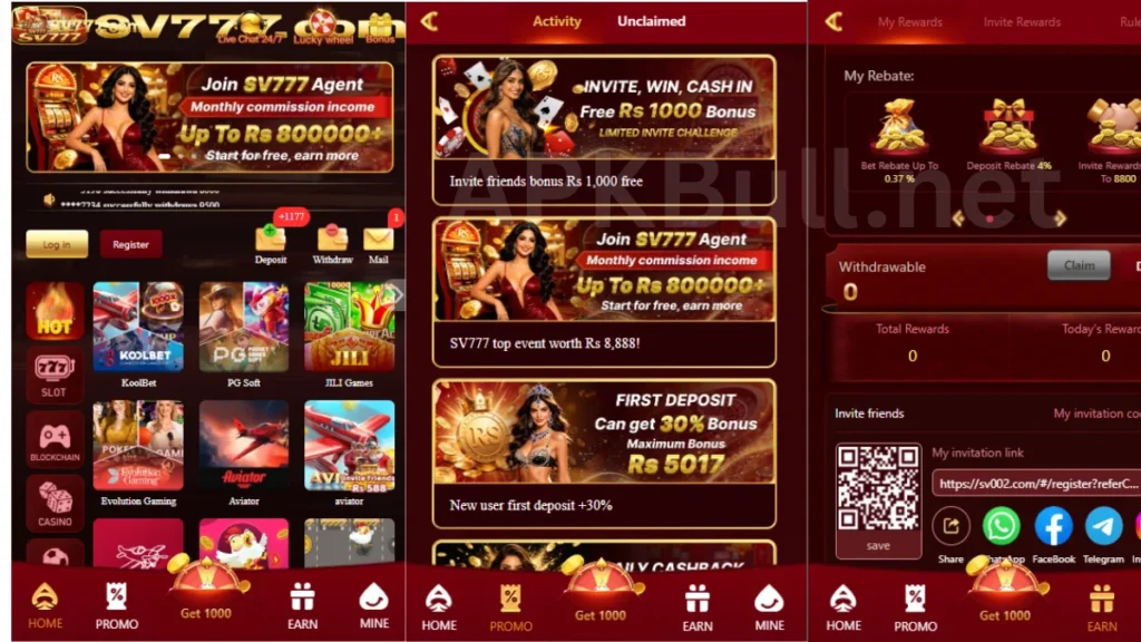 SV777 Game Download This Image Show A Main Page Of Game And Game Catagres & Login Process also Withdraw process