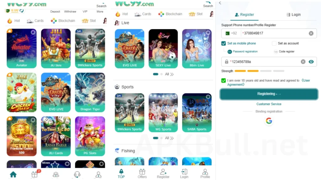 WC99 Game APK Main Page of game and login system and registion method and live games and cards game