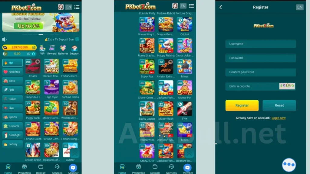 PKbet7 Game APP Center of Game page game cateragies and login page and other one pages thare