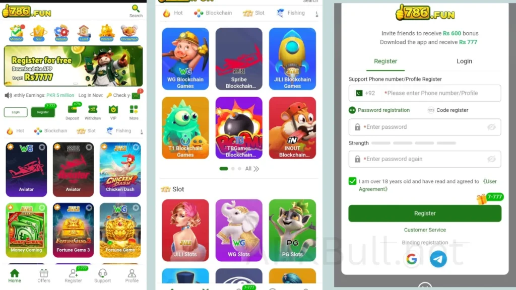 PKR786 Game APK Login system and center page of game and rewards deily