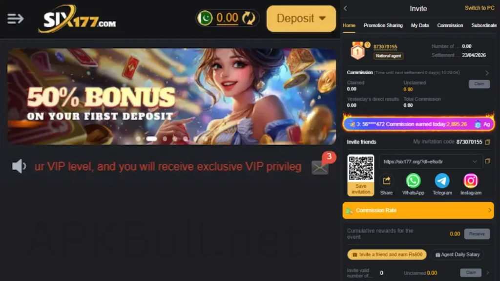 Six177 Game APK Login page Sand friend and earn money