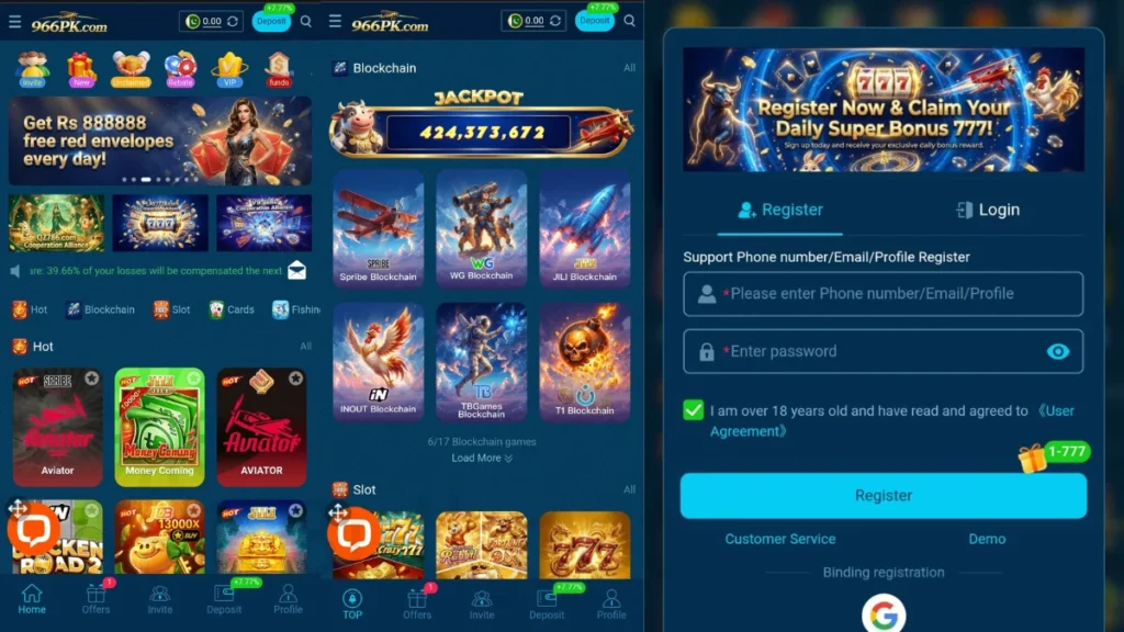 966PK Game APK home page login system and regestion system and all games thare