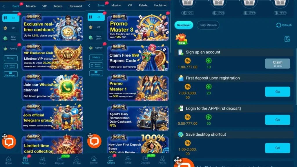 966PK Game App Rewards and bonus deposit section and everything on this page