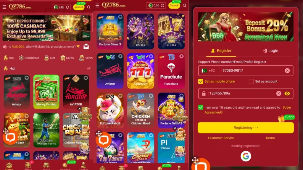 QZ786 Game APP Home Page All Games and Login system and play easy to use