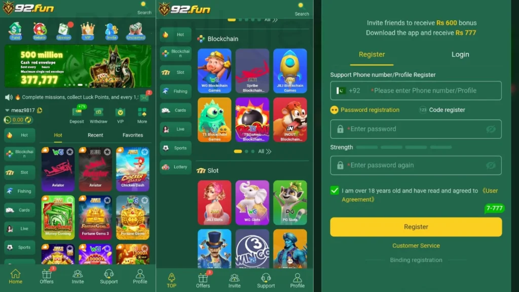 92Fun Game APK registion process page of games and check in daily and earn money