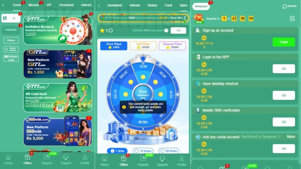 ZT777 Game APK Mission section Wheel Process And Rewards Section