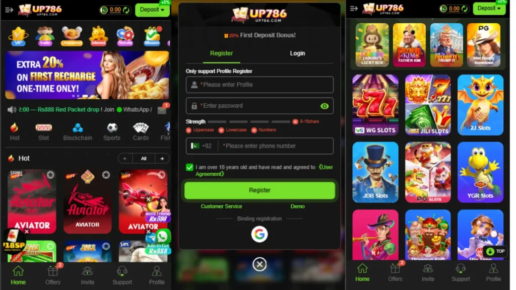 UP786 Game APK Home Page of this game and show login process game options and other one to show you