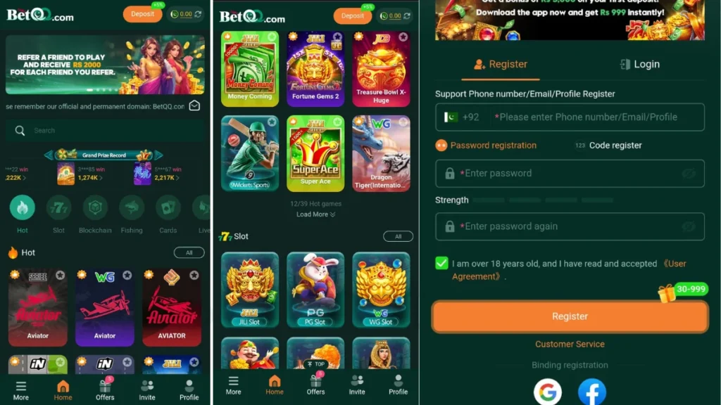 Betqq Game APK Home page and login process and games
