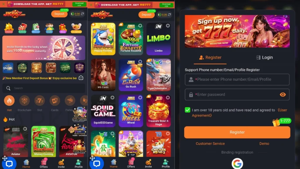 JK667 Game APP Home Page And login process all games and everything