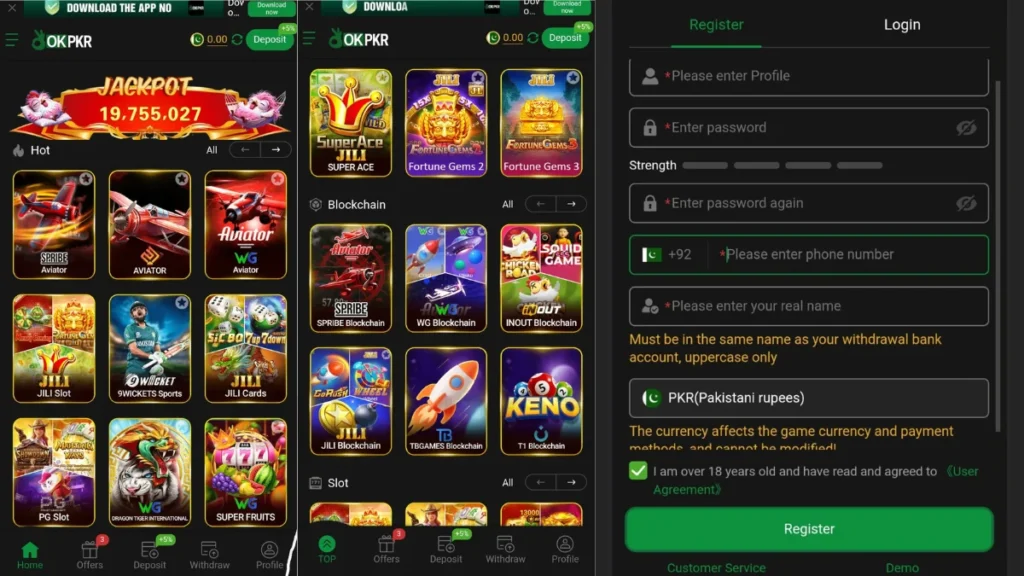 OkPKR Game VIP1 login process all game pages home page and more thing