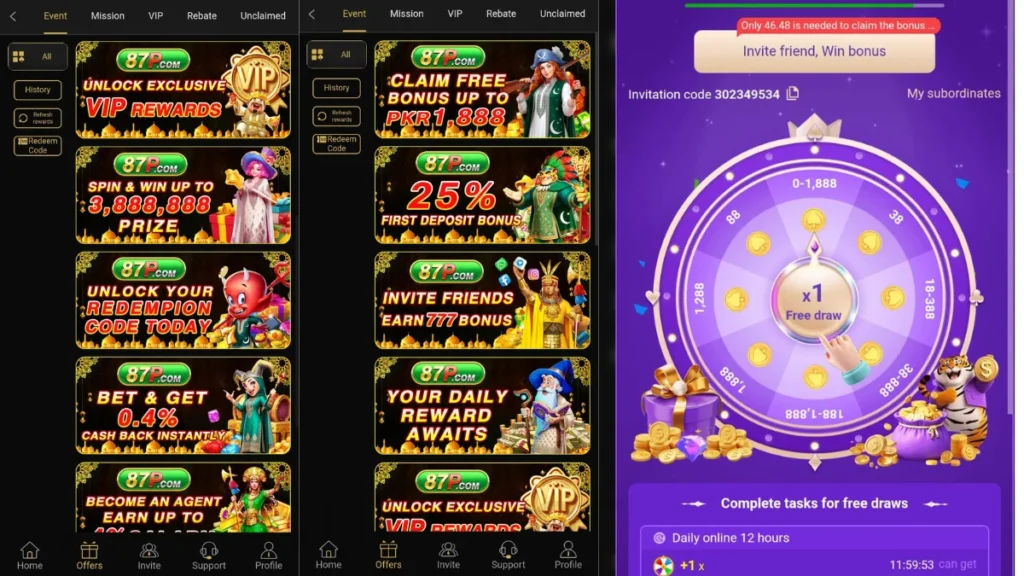 87P Game bet Wheel Rewards mission rewards invite rewards daily
