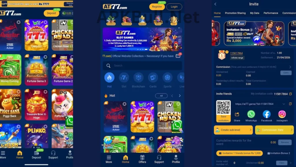 AT77 Game APK internal interface and referral section of game.