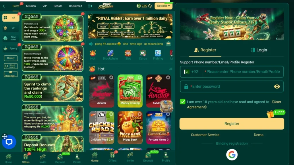 EQ668 Game APK internal interface, hot game section, promotion center f game and login section of game.