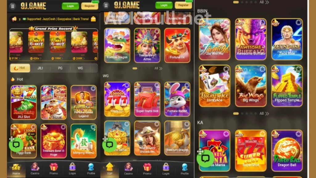 9J Game App internal interface and hot game section of application