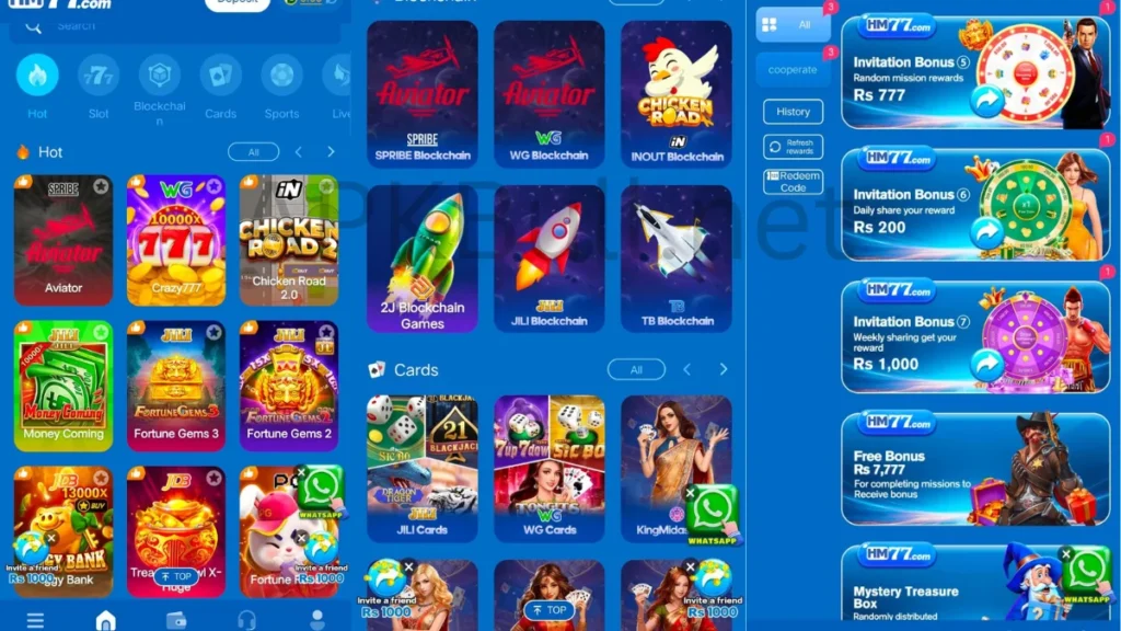 HM77 Game APK home page and all games rewards