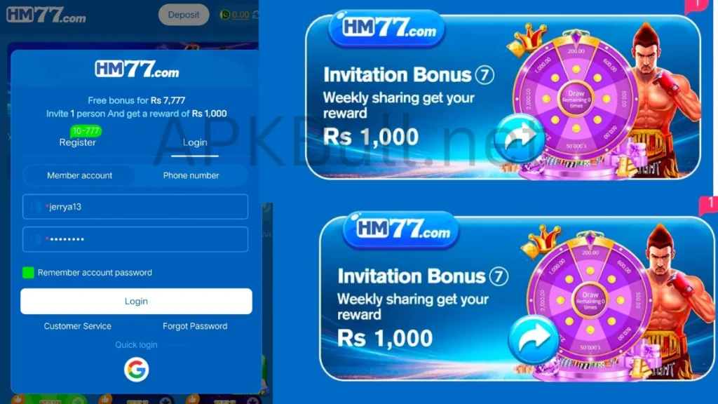 HM77 Game APK login process and rewards 