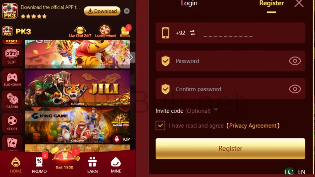 PK3 Game bet home page and login process