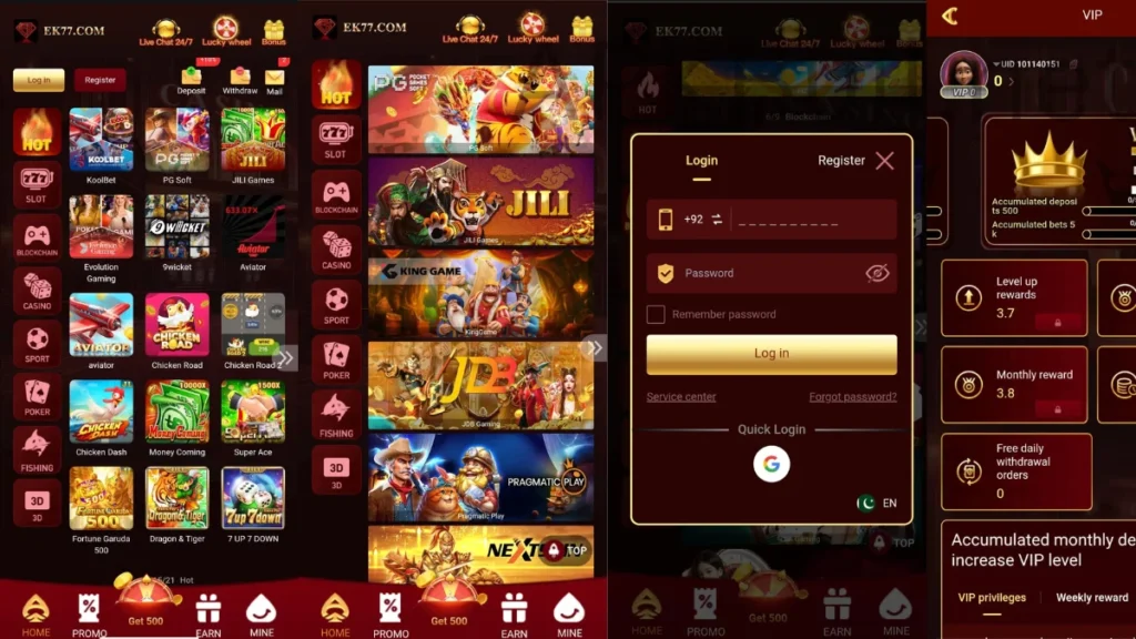 EK77 Game Game home page and login process also games page