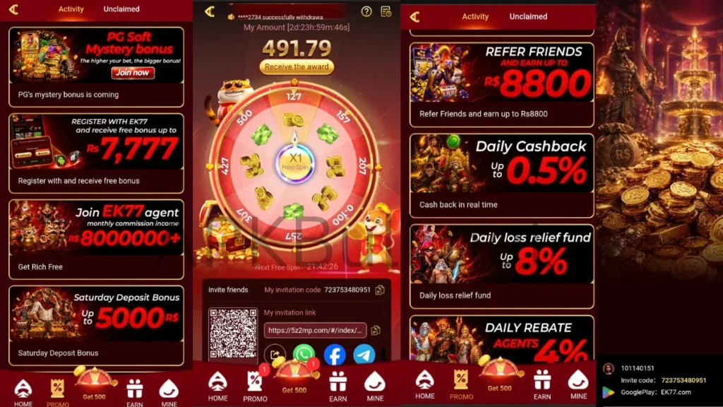 EK77 Game APK wheel process and rewards and daily check in bonus also invited bonus