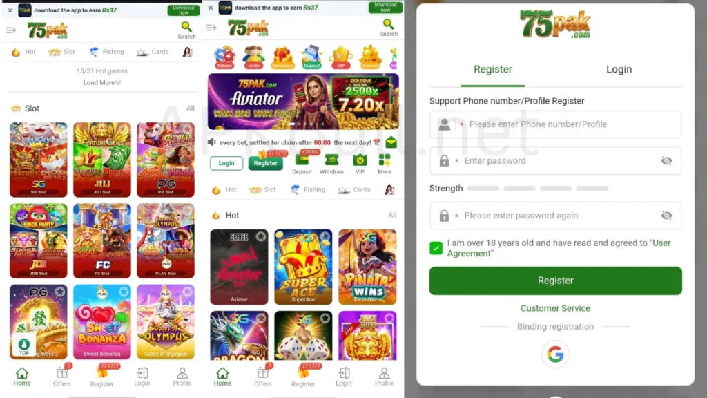 75Pak Game win Home page and all games login process registition section