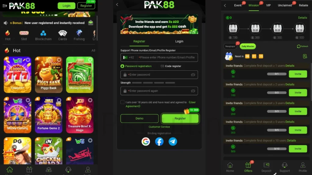 6PAK88.com net home page and login section and section and first login rewards