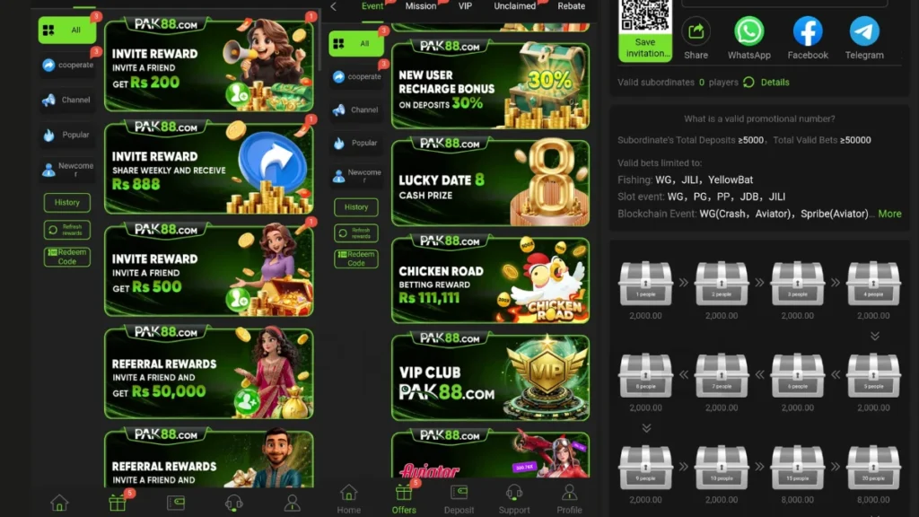 PAK88 Game APK rewards section and invite bonus and also mission rewards