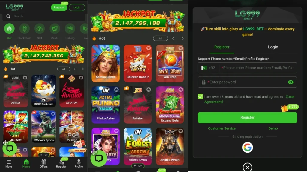 LG999 Game App Home page and login section and games thaeare