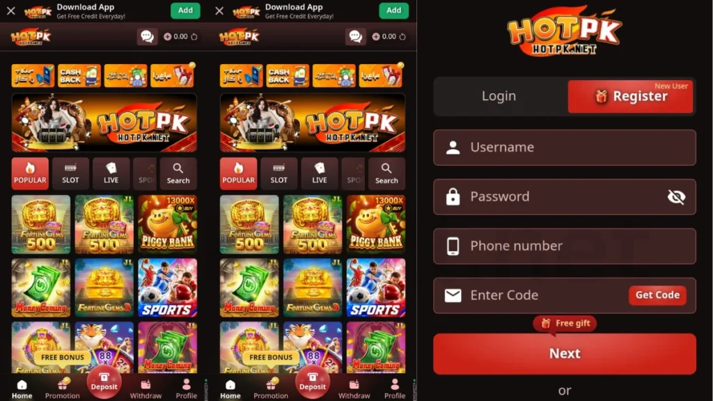 HOTPK online pakistan app main page and login process and live game section
