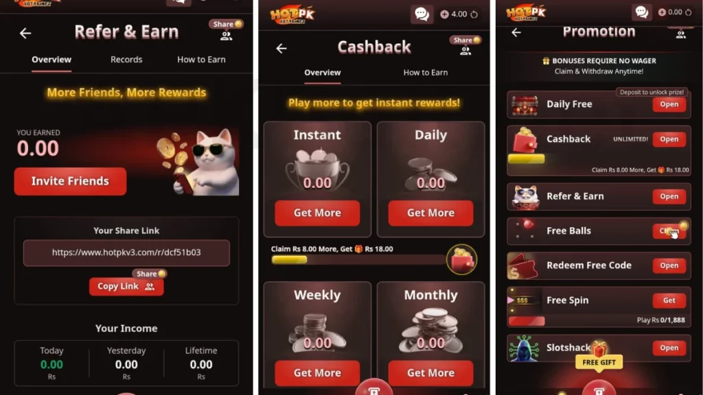 HOTPK app case back and rewards process and also daily login rewards hear