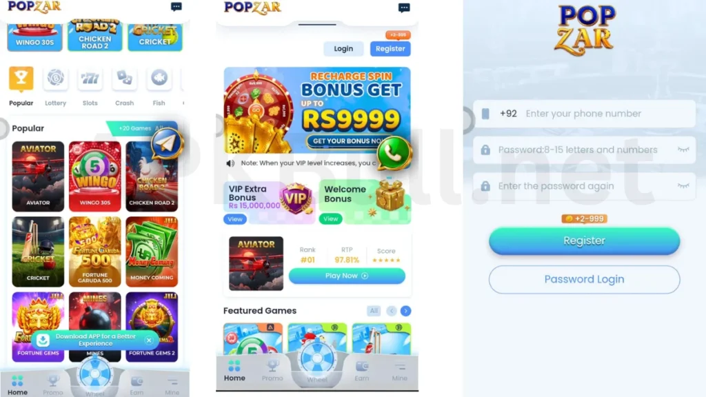 POPZAR Game app home page and login process and game hear