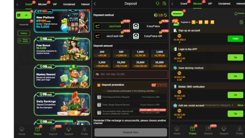 Q98 Game apk deposit section and aslo rewards sectoion
