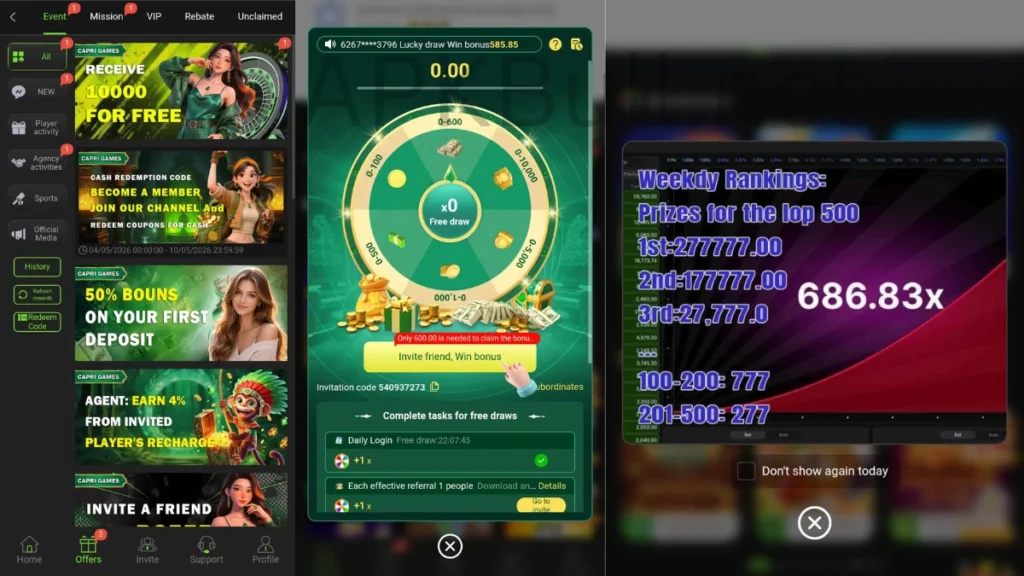 Capri Game Pkr wheel rewards avater is good to high play and mission rewards