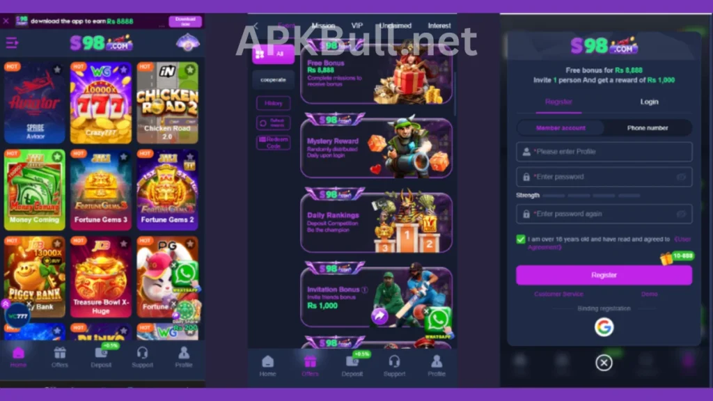 S98 Game APK internal interface, promotion center and registration section of game