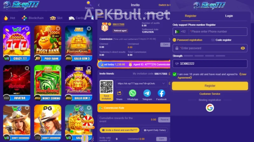 SKEP777 Game APK internal interface, referral section and registration center of game
